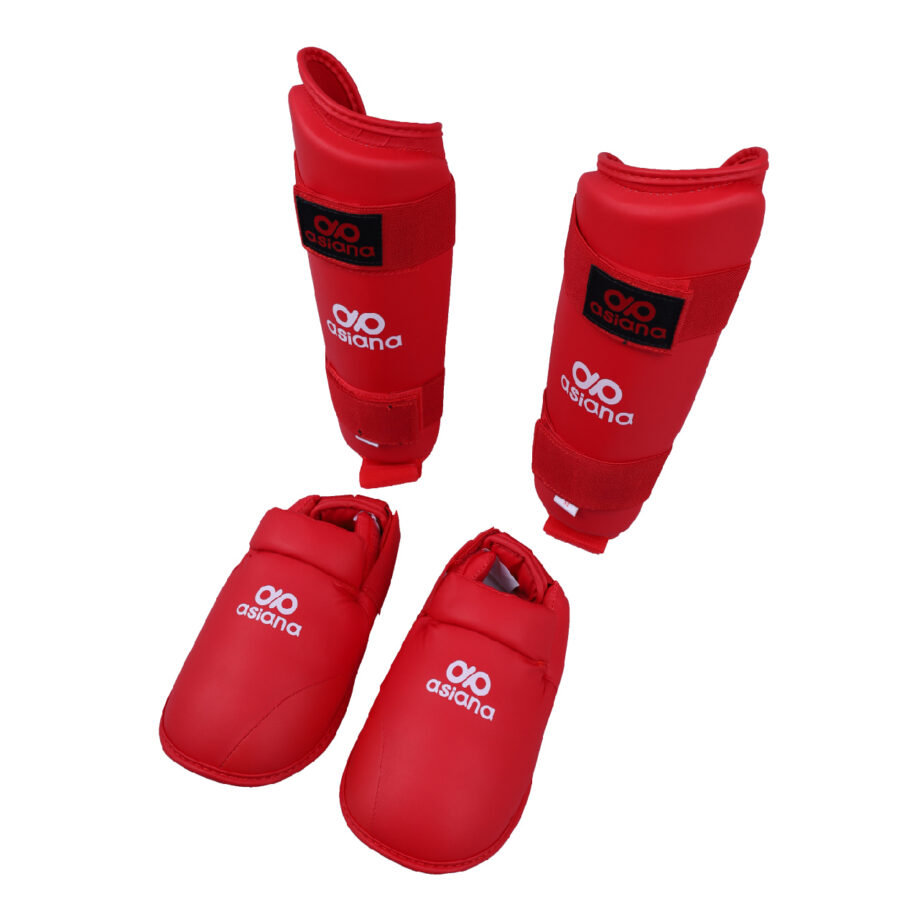 ESPINILLERA ASIANA CON EMPEINE KARATE ROJA